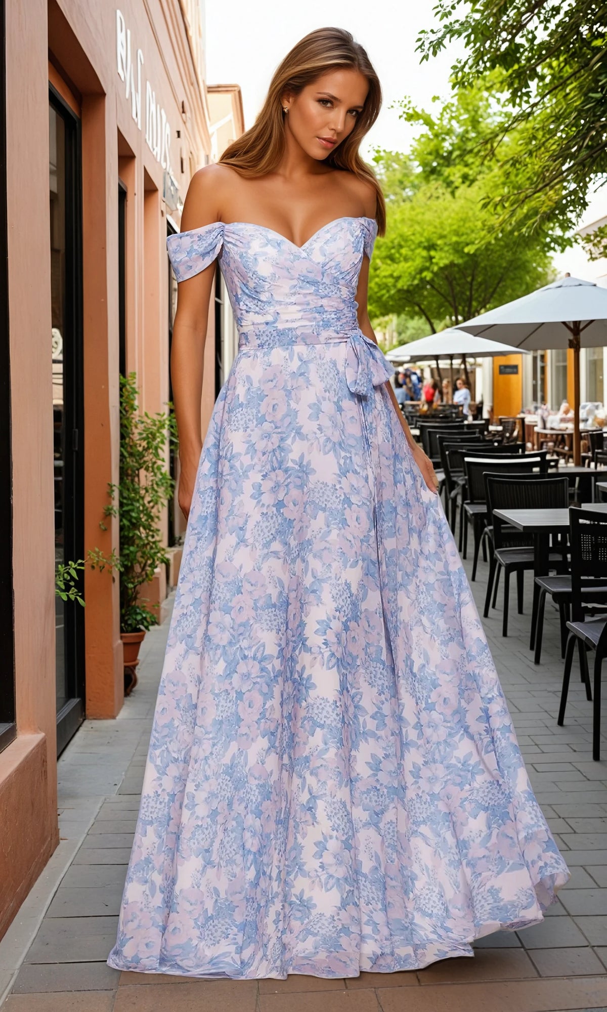 Shop off-the-shoulder long floral-print prom dresses at PromGirl. See