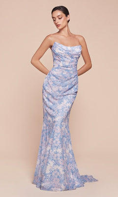 Strapless Long Prom Dress with Floral Print Blue / 18