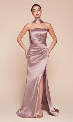 Model in the Simple Strapless Long Prom Dress: Ladivine 7451, a mauve satin gown with a high slit and matching neck scarf, styled with nude heels, poses against a beige background.