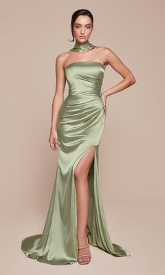 A woman in the Ladivine 7451 Simple Strapless Long Prom Dress—a light green satin gown with a high slit and matching neck scarf—pairs it with nude heels, standing against a neutral background.
