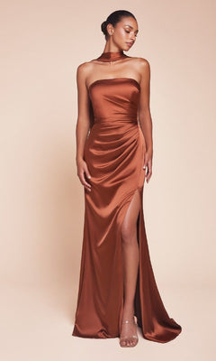 A woman poses against a beige background in the Ladivine 7451 Simple Strapless Long Prom Dress—copper satin, high slit—styled with a matching choker and nude heels.