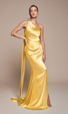 Against a neutral background, a woman poses in the One-Shoulder Sash Long Prom Dress (Ladivine 7454), a floor-length satin formal gown featuring an elegant draped sash.