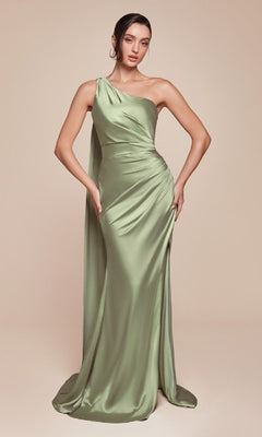 A woman poses against a neutral background in the Ladivine 7454 One-Shoulder Sash Long Prom Dress—a light green, floor-length satin gown with a draped, fitted design.