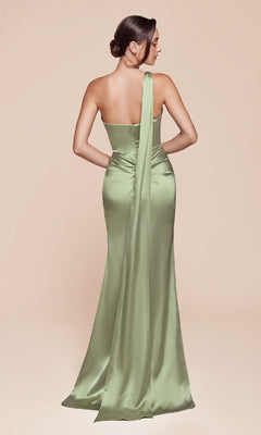 A woman is seen from behind wearing the Ladivine 7454 One-Shoulder Sash Long Prom Dress in light green satin, floor-length, against a beige background.