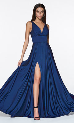 A woman wears the A-Line V-Neck Classic Long Satin Prom Dress, featuring a sleeveless design, deep V-neckline, wide waistband, high leg slit, and black strappy heels.