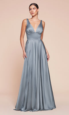 A woman models the A-Line V-Neck Classic Long Satin Prom Dress, featuring a floor-length, sleeveless design with a deep V-neckline, standing against a plain beige background.