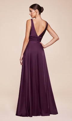 A woman stands with one hand on her hip, facing away to show the deep V-back of the Ladivine 7469 Sleeveless Classic Long Prom Dress in satin deep purple.