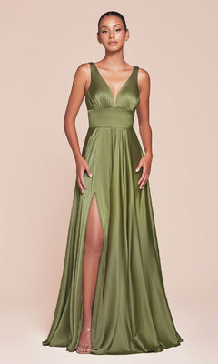 A woman wears the Ladivine 7469 Sleeveless Classic Long Prom Dress in olive green satin, featuring a deep V-neckline, fitted waist, and high side slit, standing against a plain beige background.