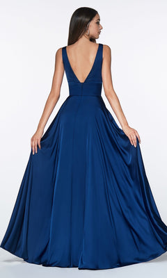 A woman models the A-Line V-Neck Classic Long Satin Prom Dress in blue, showcasing its sleeveless design, deep V-back, and full floor-length skirt by holding out both sides to highlight the elegant satin fabric.
