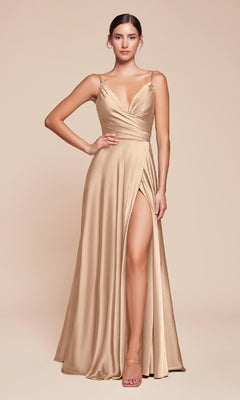 A woman in a sleeveless, gold Classic A-Line Satin Prom Dress: Ladivine 7485-1 with a thigh-high slit stands against a plain beige background.