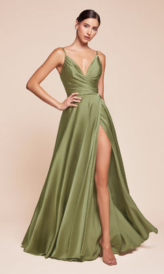 A woman stands against a beige background wearing the Classic A-Line Satin Prom Dress: Ladivine 7485-1, an olive green sleeveless gown with a deep V-neckline and high slit.
