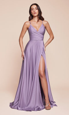 A woman wears the Classic A-Line Satin Prom Dress: Ladivine 7485-1 in lavender, featuring a sleeveless deep V-neck and high slit, standing against a plain beige background.
