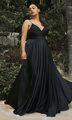 A woman in the Plus-Size Long A-Line Prom Dress 7485C, a stylish and affordable black evening gown.