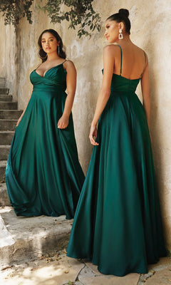 Two women, one facing forward and the other with her back turned, stand outdoors near stone steps and a textured wall, both elegantly showcasing the Ladivine 7485 Classic Long Satin Formal Prom Dress.