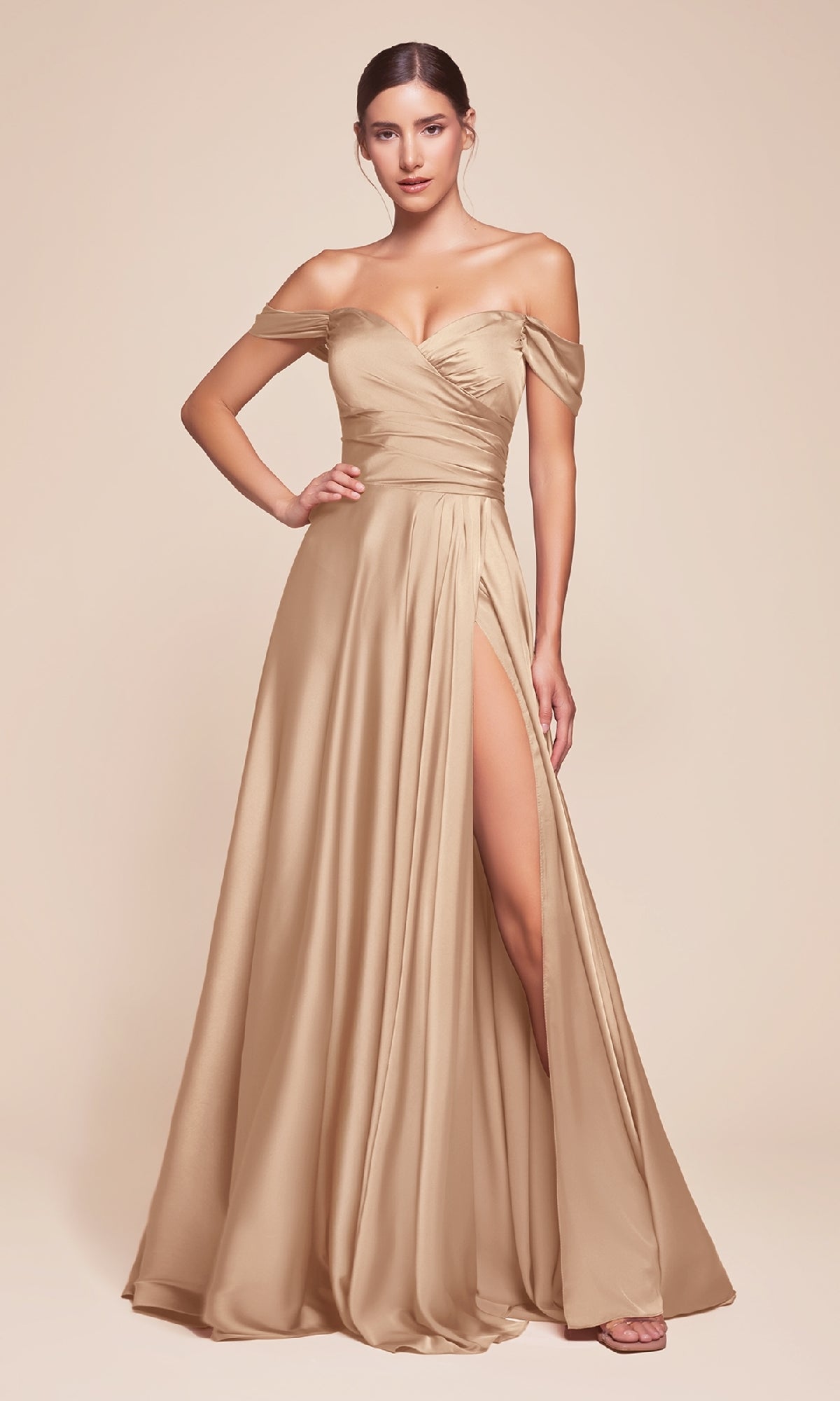Off-the-Shoulder Long Prom Dress: CL7493-1 Champagne Gold / 2 Off-the-Shoulder Long Prom Dress: CL7493-1 Champagne Gold / 2