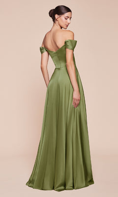 A woman with a low bun faces away, wearing the Ladivine 7493-1—an off-the-shoulder long prom dress in olive green satin.