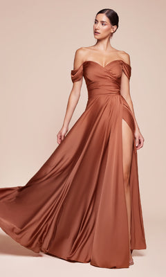 A woman models the Ladivine 7493-1: an off-the-shoulder copper satin prom dress with a high slit, shown against a neutral background.