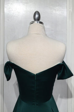 Back view of the Empire-Waist Plus-Size Long Prom Dress 7493C in dark green, featuring an off-the-shoulder design, displayed on a dress form against a plain light-colored background.
