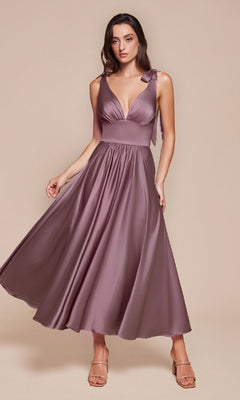 Woman wearing the Ladivine 7499 Tea-Length Wedding-Guest Dress, a sleeveless mauve satin A-line midi with fitted waist and flared skirt, posing against a plain beige background.