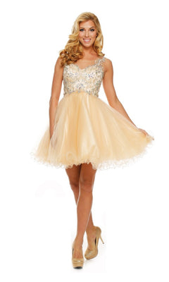 A woman in the Short Hoco Dress: Juliet 749, featuring a peach hue, embellished bodice, and flirty A-line tulle skirt, stands holding the skirt out to the side.