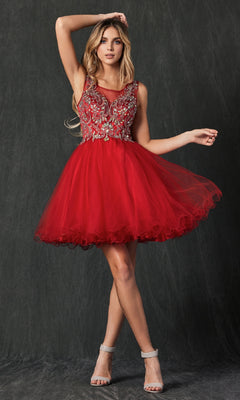 A woman wears the Short Hoco Dress: Juliet 749—a sleeveless red homecoming dress with an embellished bodice, intricate silver embroidery, and an elegant A-line tulle skirt—standing against a dark background.