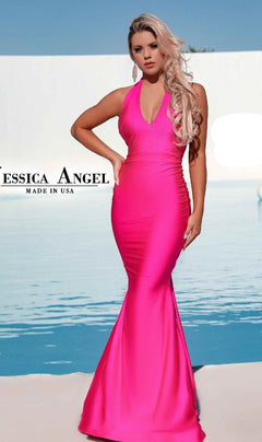 A woman in a fitted, bright pink Long Halter Mermaid Formal Dress (Jessica Angel 758) stands by a pool outdoors, with "Jessica Angel Made in USA" text on the left side of the image.