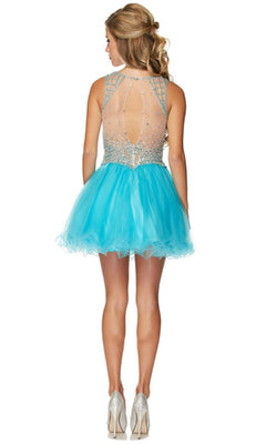 Woman facing away, wearing the Juliet 761 short party dress—a sleeveless mini with an a-line tulle skirt in light blue, sheer beaded bodice, and silver heels—perfect for homecoming.