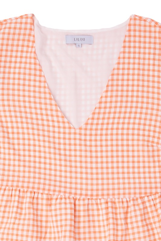 Short Gingham Print Tiered Casual Dress FGDR31L009