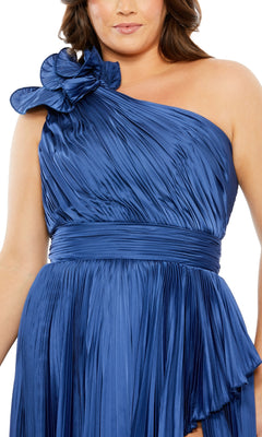 A person wearing the Mac Duggal Long Plus-Size Formal Dress 77003, a royal blue one-shoulder gown with pleats and a large ruffle detail—an elegant choice for formal occasions.