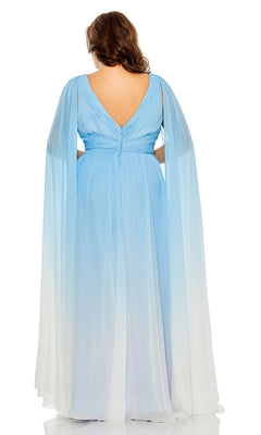 A woman is shown from the back wearing the Long Plus-Size Formal Dress 77010 by Mac Duggal, a floor-length pastel ombre gown featuring a deep V-back and flowing draped sleeves.