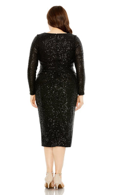 A person is shown from the back wearing the Knee-Length Plus-Size Sequin Party Dress 777025 with long sleeves and beige heels, set against a plain white background.
