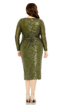 A woman is shown from the back wearing the Knee-Length Plus-Size Sequin Party Dress 777025 in olive green, featuring long sleeves and shimmering sequins—perfect for your next party.