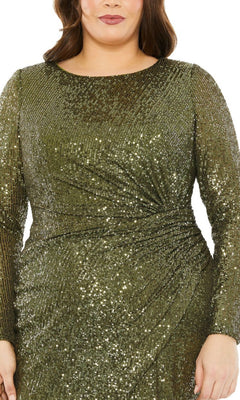 A person wearing the Knee-Length Plus-Size Sequin Party Dress 777025 in olive green, featuring long sleeves and a gathered waist.