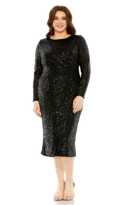 A woman wearing the Knee-Length Plus-Size Sequin Party Dress 777025 and nude heels stands facing forward and smiles.