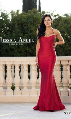 A woman in a fitted, floor-length red Jessica Angel Backless Long Halter Prom Dress (Style 774) with a mermaid skirt stands before a stone balustrade and lush greenery. Text reads "Jessica Angel Made in USA.