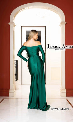 A woman with blonde hair stands under an arched doorway in a long sleeve, off-the-shoulder prom dress. Text: "Long Sleeve Long Prom Dress: Jessica Angel 775, Made in USA.