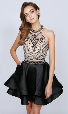 A woman models the Short Party Dress: Juliet 777, featuring a beaded nude halter bodice and a flared black satin skirt, against a simple backdrop.