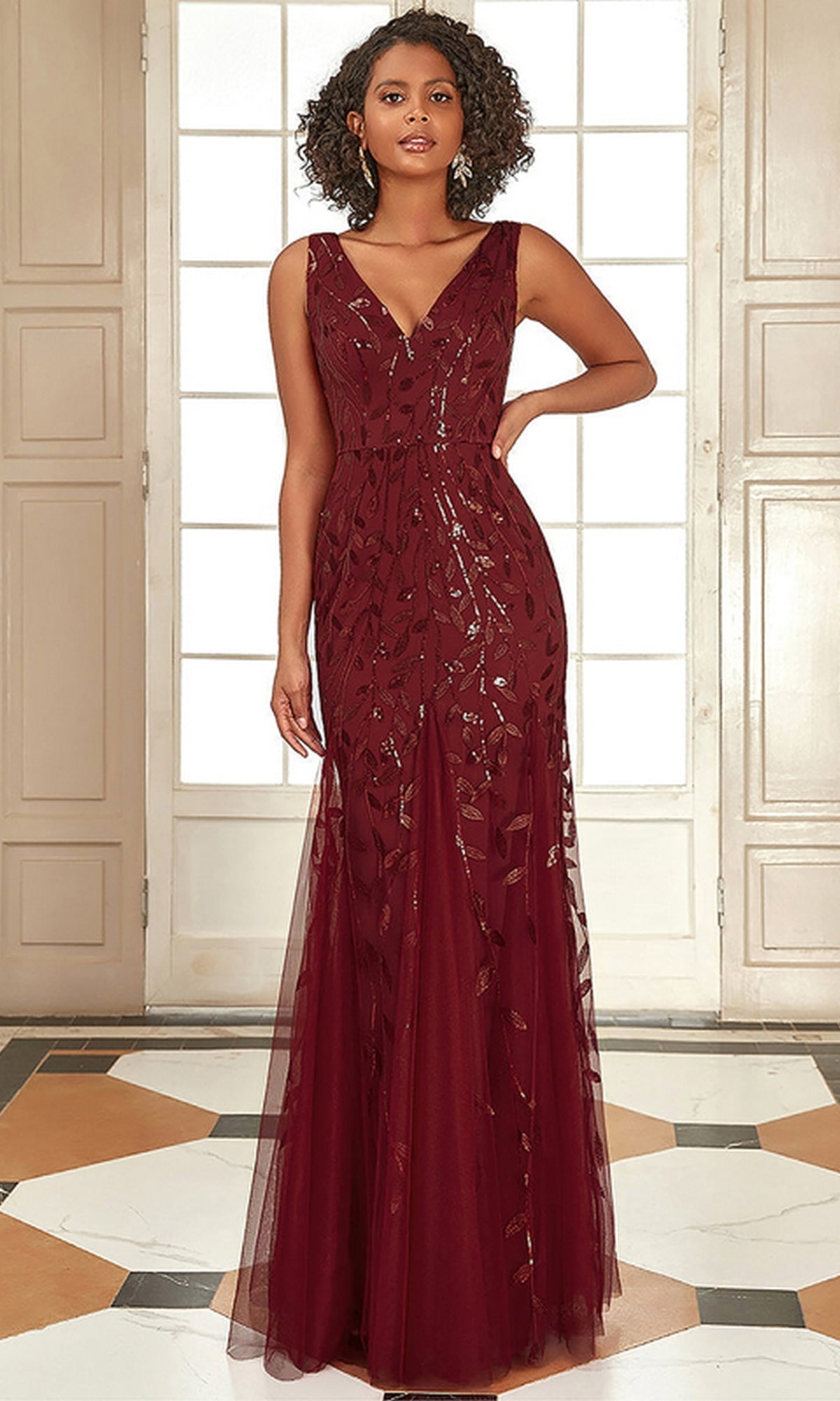 Embroidered V-Neck Long Formal Dress
