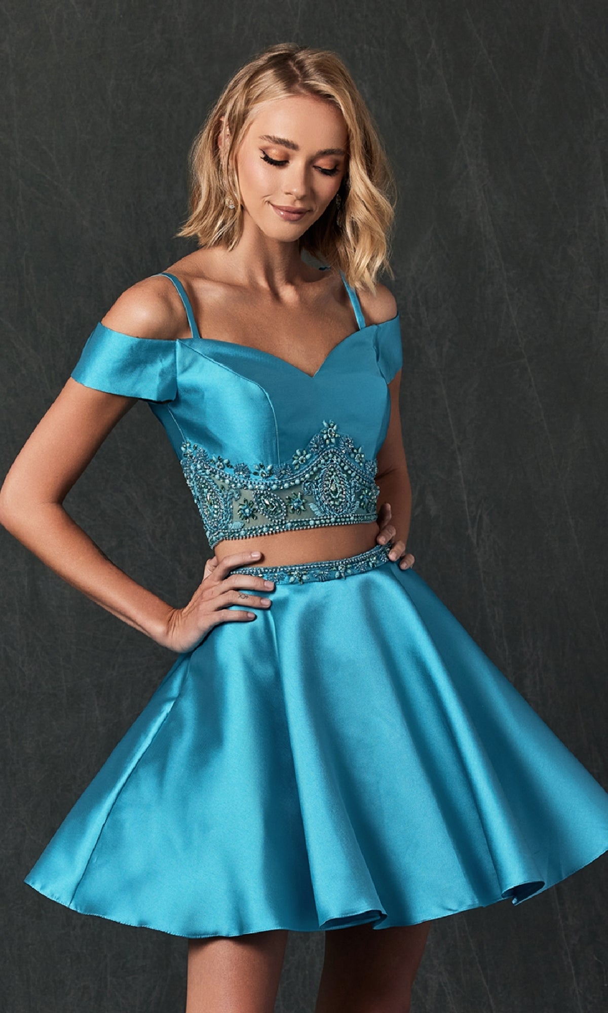 two piece homecoming dresses blue Juliet 790 Short Dress – PromGirl Col Grp Seas: S-S Linen Apron Mini Dress Shoulder to waist =7 Jacket Size:Custom