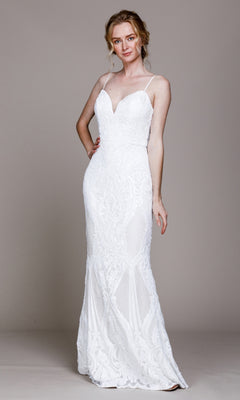 A woman models the Sequin-Print Sleek Long Prom Dress 791 with a fitted silhouette, thin straps, sweetheart neckline, and subtle deep v-back, posing against a plain background.