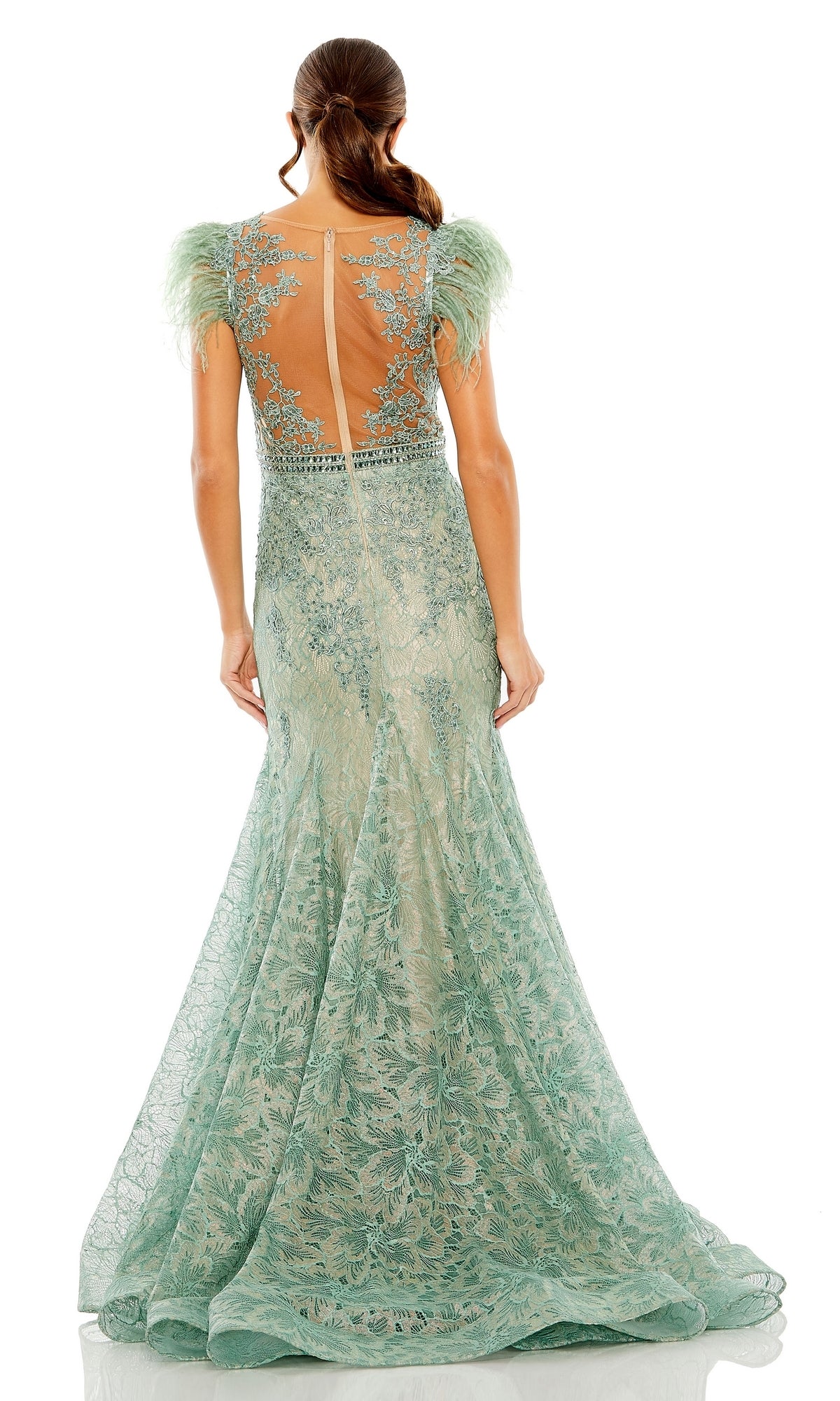 Woman in a mint green Feathered Long Lace Formal Dress (Mac Duggal 79230) with sheer back, floral embroidery, and feather-trimmed short sleeves, standing and facing away from the camera.