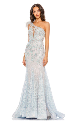 A woman wears the Feather One-Shoulder Prom Gown: Mac Duggal 79264—a light blue, floor-length mermaid dress with lace, floral embroidery, sheer panels, and a fitted, flared silhouette.