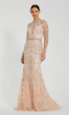 A woman poses against a white background wearing the Beaded Long Pink Formal Dress: Mac Duggal 79267, featuring intricate embroidery, sheer long sleeves, feather hem details, and a mermaid silhouette for an elegant look.