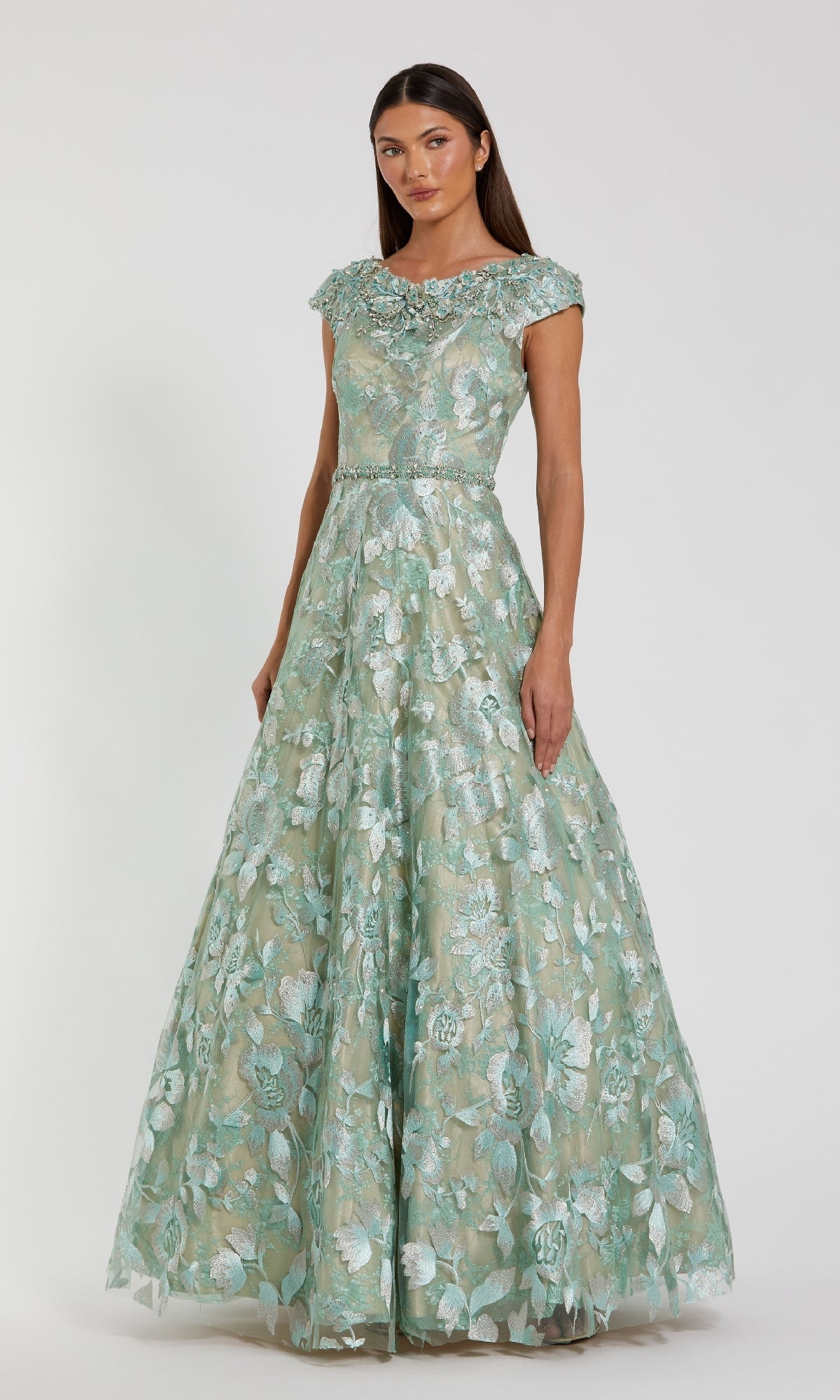 green emerald velvet dress Mac Duggal Women's Embellished Cap Sleeve High Neck Ballgown - Blue