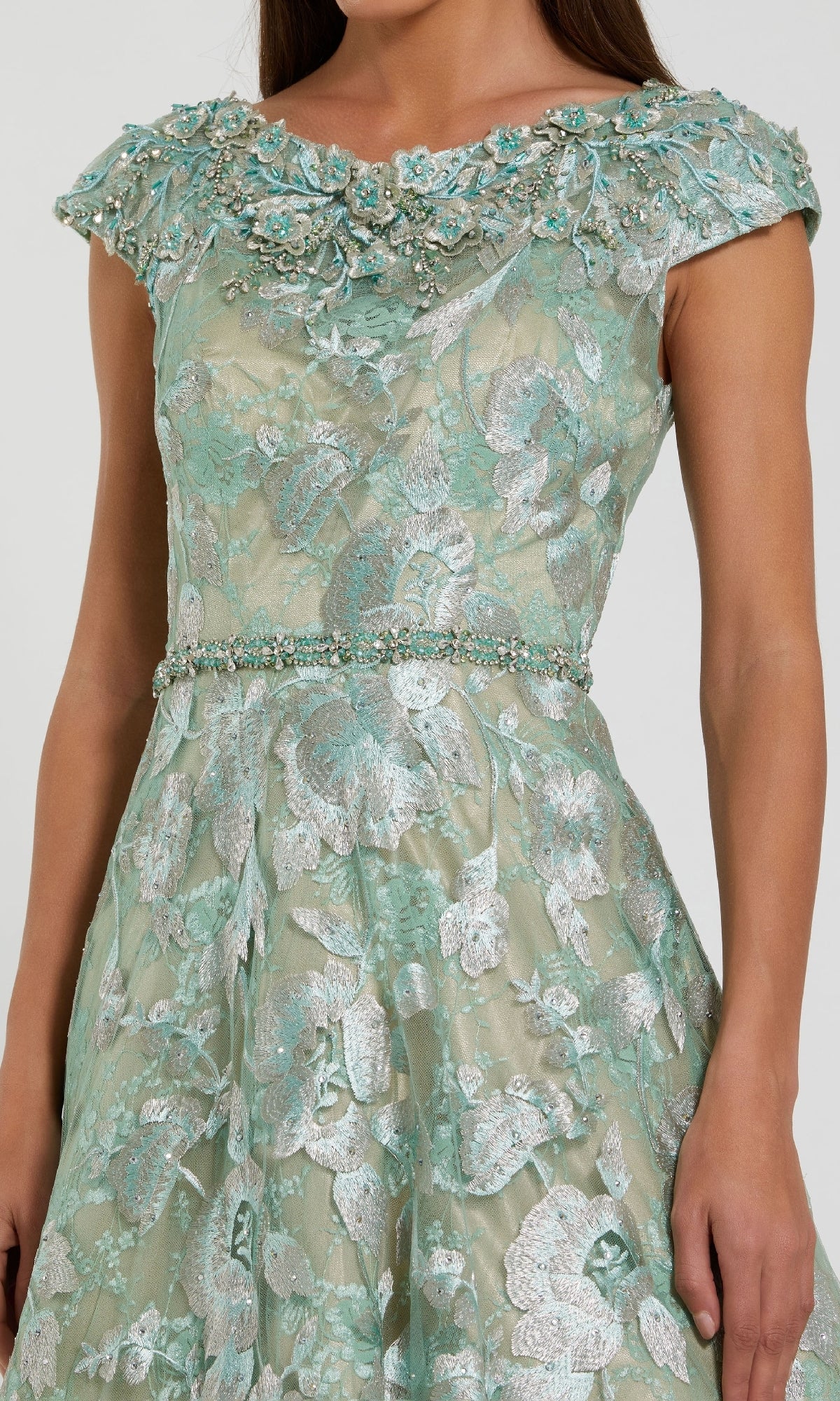 Floral-Print Long Formal Dress with Cap Sleeves PromGirl Floral-Print Long Formal Dress with Cap Sleeves PromGirl