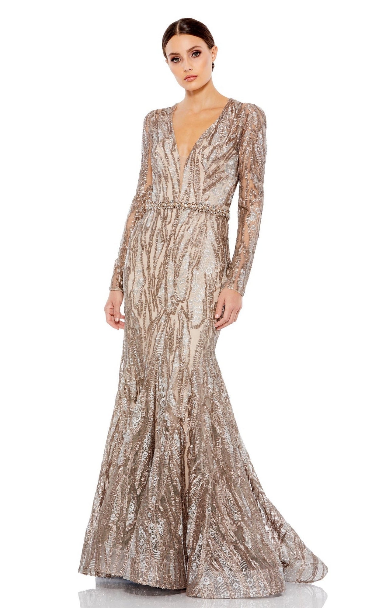 Mac Duggal Embellished Long Sleeve Plunge Neck Trumpet Gown - Taupe Mac Duggal Embellished Long Sleeve Plunge Neck Trumpet Gown - Taupe