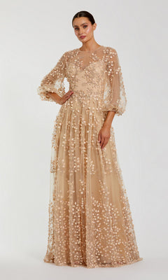 A woman wears a Mac Duggal 79399 long sleeve blue formal dress, standing against a plain background.