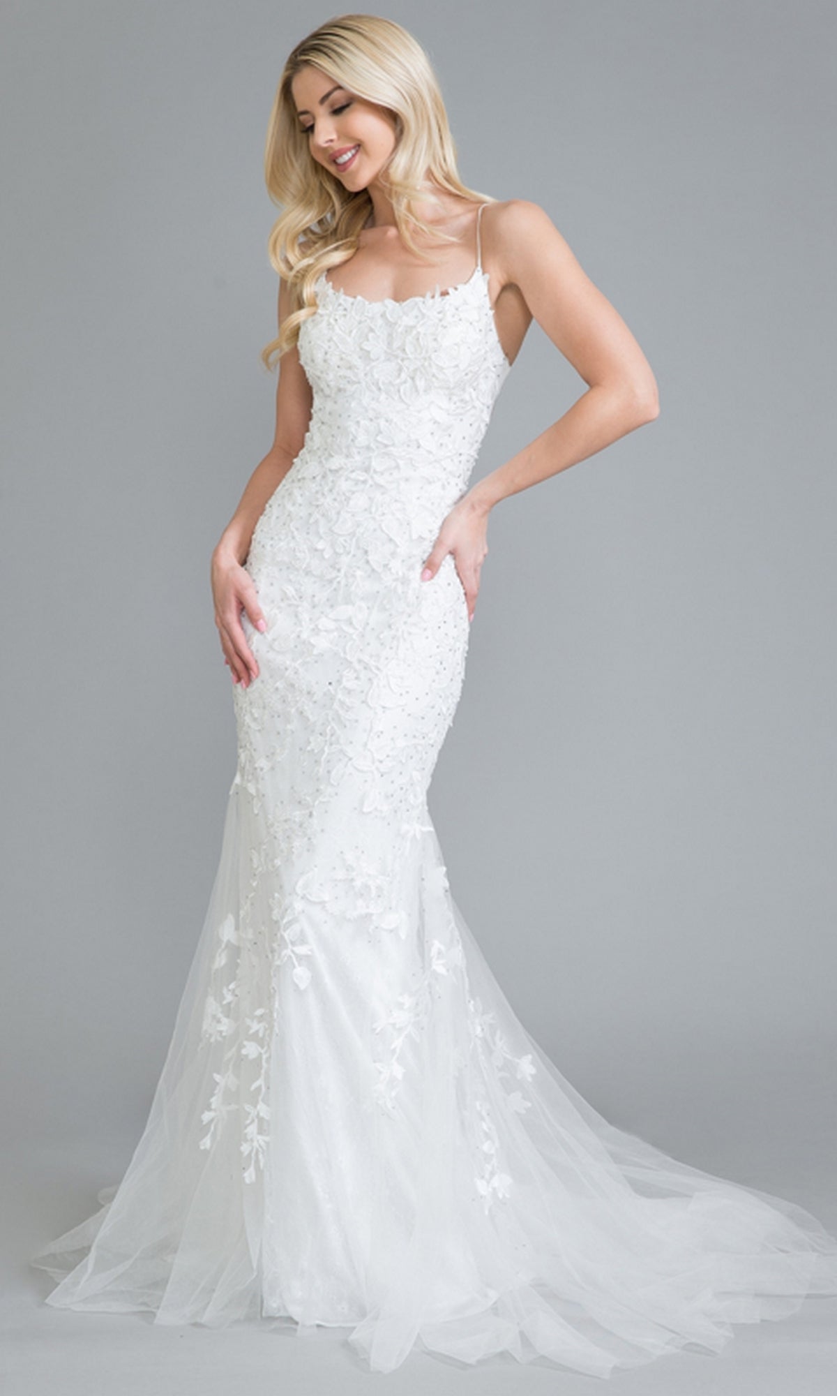 Tight Long Embroidered-Lace Prom Gown - PromGirl White / 2 Tight Long Embroidered-Lace Prom Gown - PromGirl White / 2