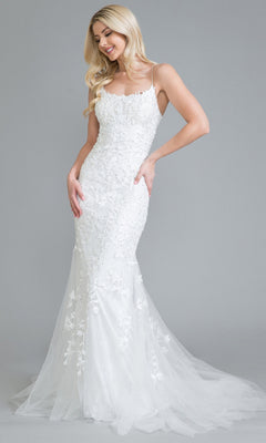 A woman poses in the Embroidered-Lace Tight Long Prom Gown 799, a fitted white dress with floral lace, thin straps, an open back, and a sheer tulle train against a plain grey background.