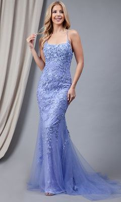 A woman stands in front of a neutral background wearing the Embroidered-Lace Tight Long Prom Gown 799, a fitted, floor-length lavender evening gown with thin straps.